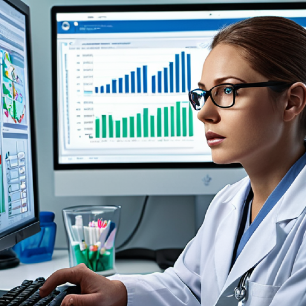 **A pharmacist meticulously analyzing patient data on a computer screen, surrounded by charts and graphs. The scene is set in a modern pharmacy with soft, inviting lighting, emphasizing data security and patient confidentiality. The pharmacist wears glasses and is focused on the screen, suggesting personalized medicine and patient care.**