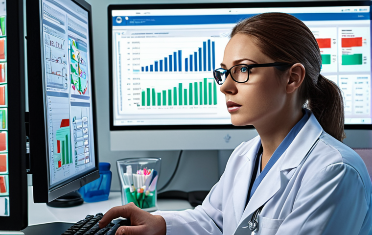 **A pharmacist meticulously analyzing patient data on a computer screen, surrounded by charts and graphs. The scene is set in a modern pharmacy with soft, inviting lighting, emphasizing data security and patient confidentiality. The pharmacist wears glasses and is focused on the screen, suggesting personalized medicine and patient care.**