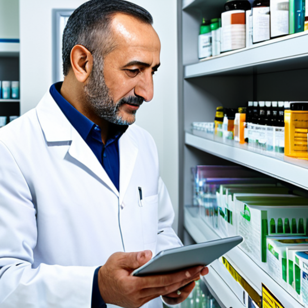A professional Turkish pharmacist, an adult man, wearing a modest, clean pharmacy coat, standing in a modern, well-lit pharmacy. He is calmly interacting with a digital tablet, reviewing an e-prescription and patient data, with a clear, user-friendly interface visible on the screen. The background features organized shelves with various medicine boxes, subtly hinting at smart stock management and an integrated system. The overall atmosphere is one of efficiency, trust, and advanced patient care. Professional photography, high resolution, realistic, perfect anatomy, correct proportions, natural pose, well-formed hands, proper finger count, natural body proportions, fully clothed, modest clothing, appropriate attire, professional dress, safe for work, appropriate content, professional, family-friendly.