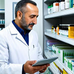 A professional Turkish pharmacist, an adult man, wearing a modest, clean pharmacy coat, standing in a modern, well-lit pharmacy. He is calmly interacting with a digital tablet, reviewing an e-prescription and patient data, with a clear, user-friendly interface visible on the screen. The background features organized shelves with various medicine boxes, subtly hinting at smart stock management and an integrated system. The overall atmosphere is one of efficiency, trust, and advanced patient care. Professional photography, high resolution, realistic, perfect anatomy, correct proportions, natural pose, well-formed hands, proper finger count, natural body proportions, fully clothed, modest clothing, appropriate attire, professional dress, safe for work, appropriate content, professional, family-friendly.