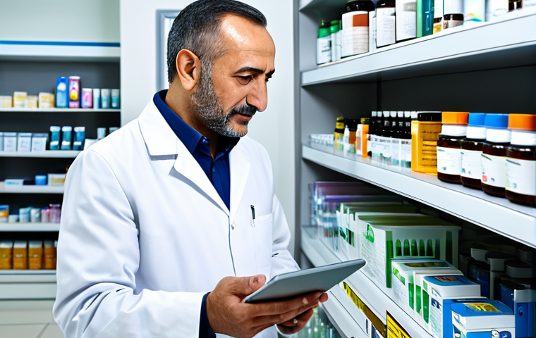 A professional Turkish pharmacist, an adult man, wearing a modest, clean pharmacy coat, standing in a modern, well-lit pharmacy. He is calmly interacting with a digital tablet, reviewing an e-prescription and patient data, with a clear, user-friendly interface visible on the screen. The background features organized shelves with various medicine boxes, subtly hinting at smart stock management and an integrated system. The overall atmosphere is one of efficiency, trust, and advanced patient care. Professional photography, high resolution, realistic, perfect anatomy, correct proportions, natural pose, well-formed hands, proper finger count, natural body proportions, fully clothed, modest clothing, appropriate attire, professional dress, safe for work, appropriate content, professional, family-friendly.